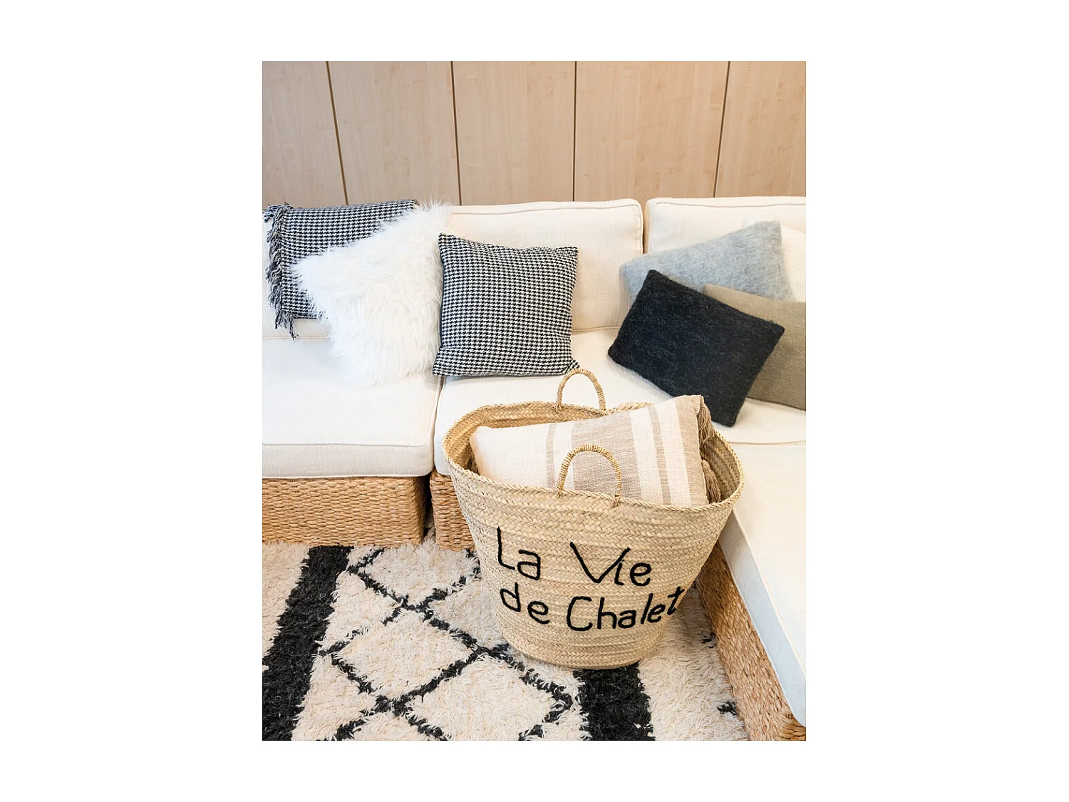 Plaid en Coton Pied de Poule Noir et Blanc avec Franges