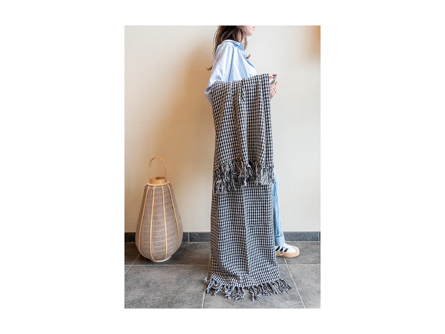 Plaid en Coton Pied de Poule Noir et Blanc avec Franges