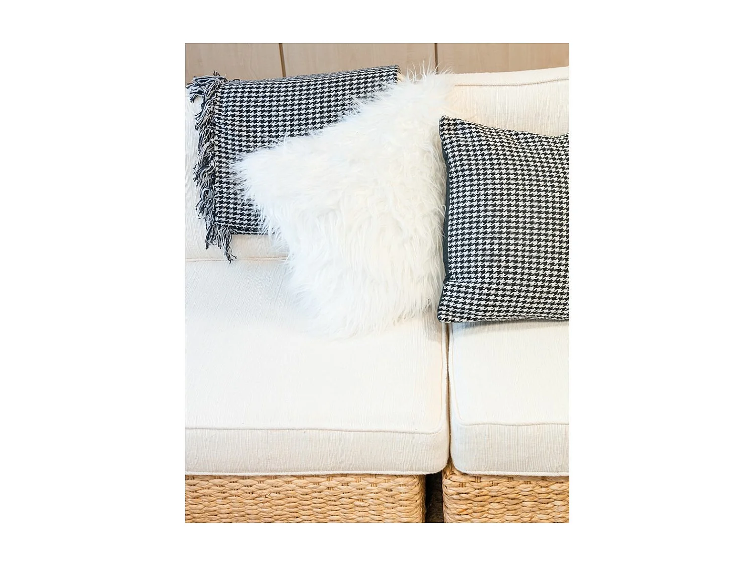 Plaid en Coton Pied de Poule Noir et Blanc avec Franges