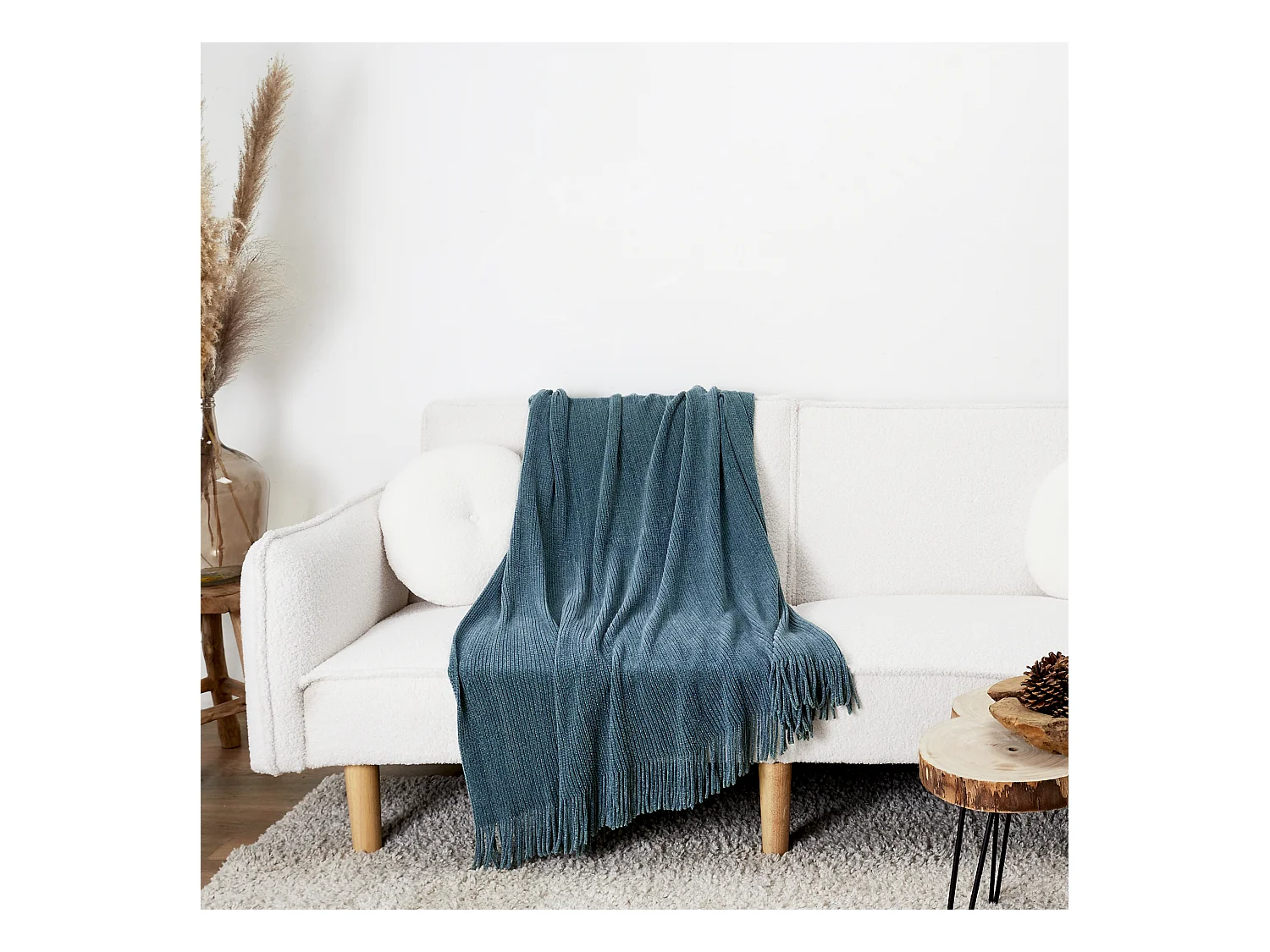 Plaid Chenille Frange Bleu Canard 120x150cm Bleu