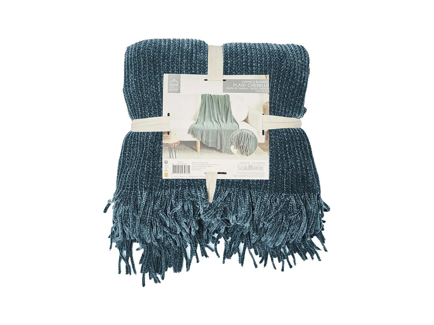 Plaid Chenille Frange Bleu Canard 120x150cm Bleu