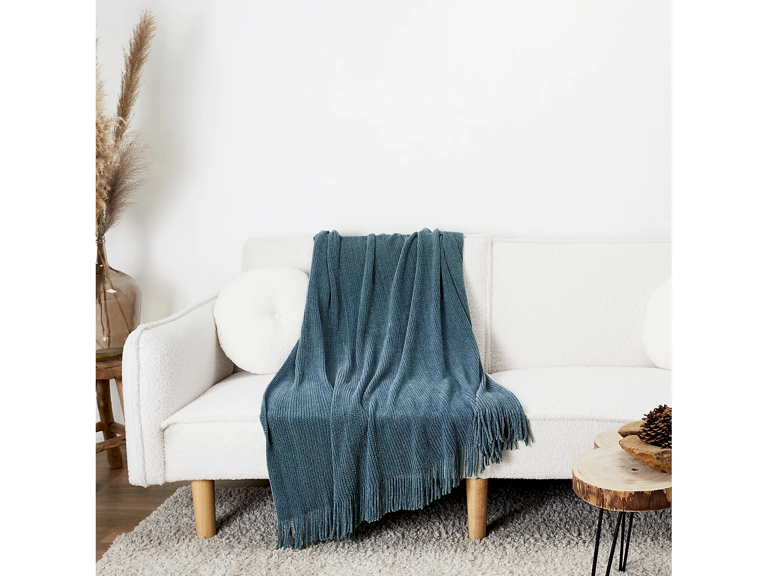 Plaid Chenille Frange Bleu Canard 120x150cm Bleu