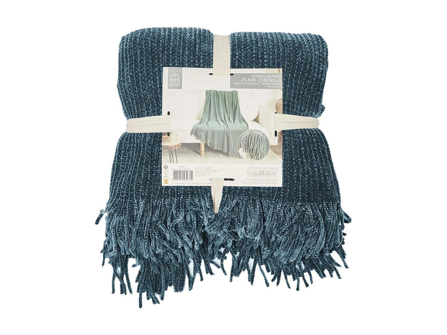 Plaid Chenille Frange Bleu Canard 120x150cm Bleu