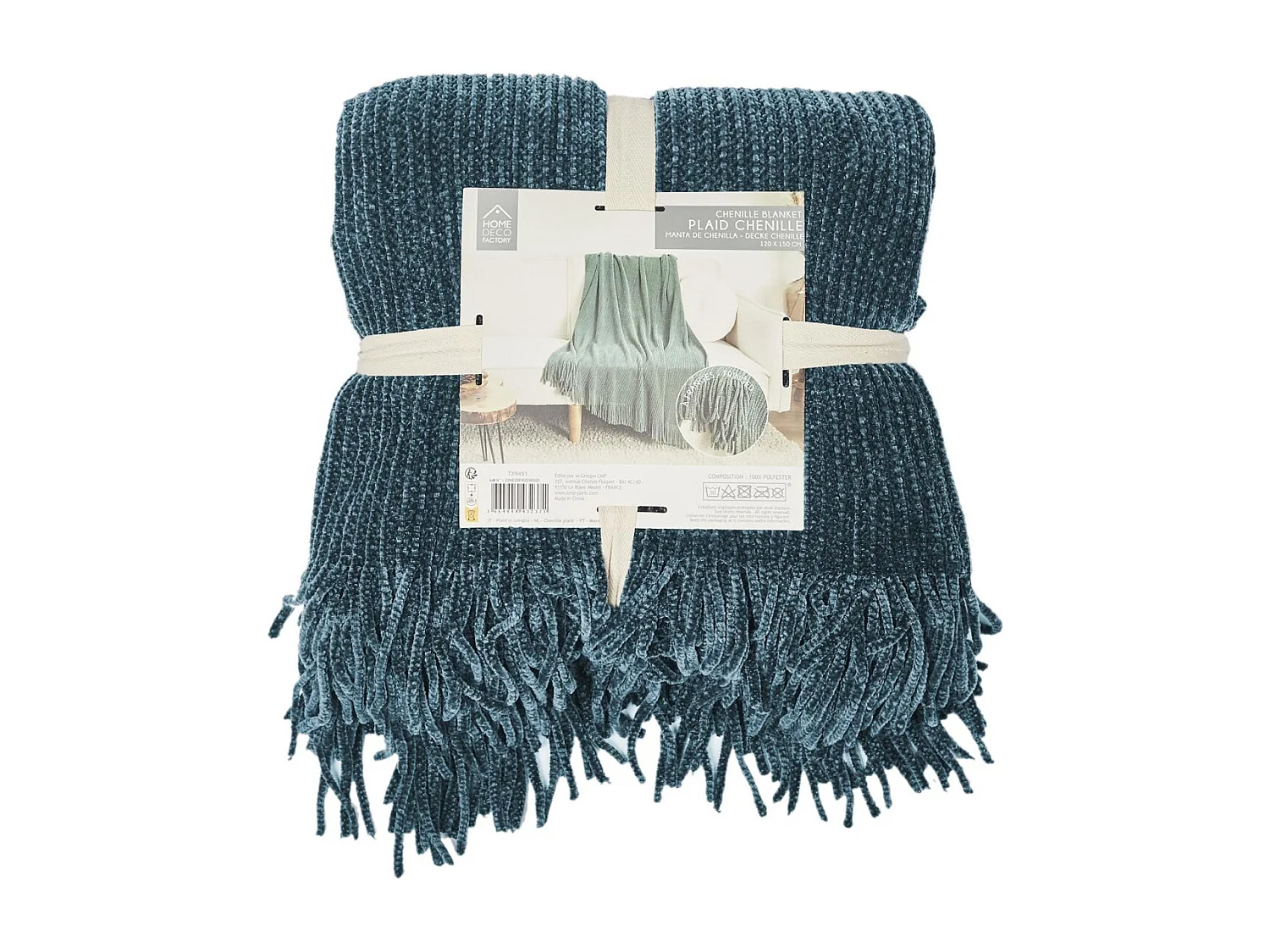 Plaid Chenille Frange Bleu Canard 120x150cm Bleu