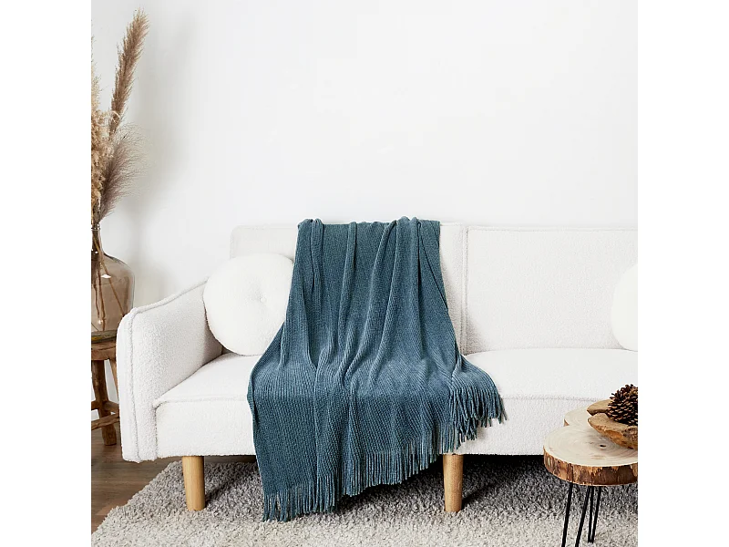 Plaid Chenille Frange Bleu Canard 120x150cm Bleu