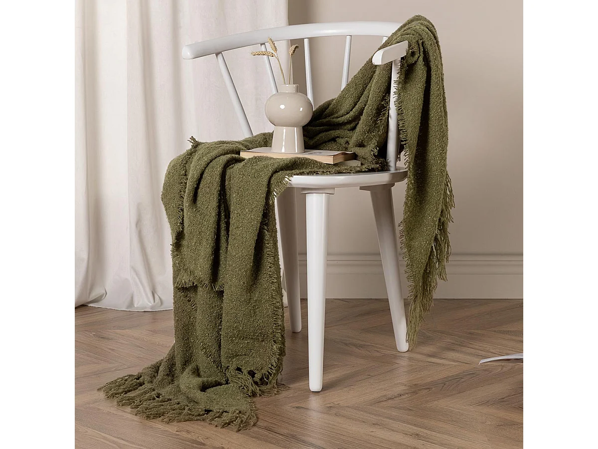 Plaid Uni à Franges "Stanly" 130x170cm Vert Mousse