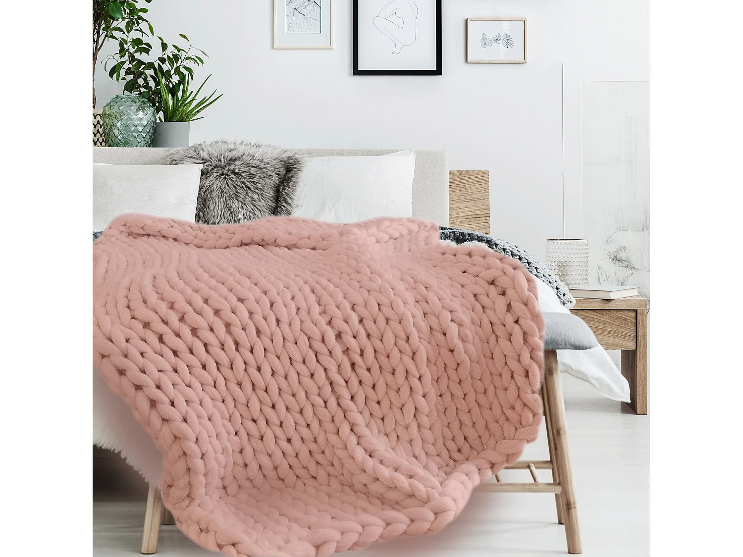 Plaid - HOME DECO FACTORY - Grosse Maille - Chunky - Rose
