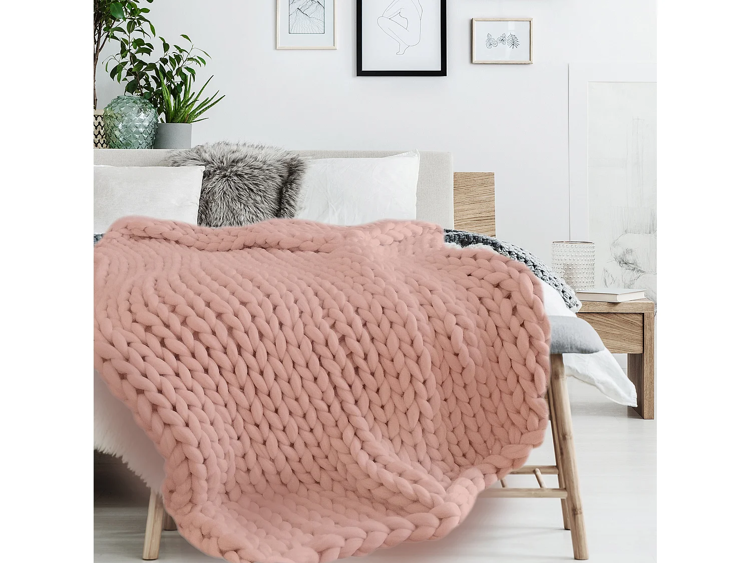 Plaid - HOME DECO FACTORY - Grosse Maille - Chunky - Rose