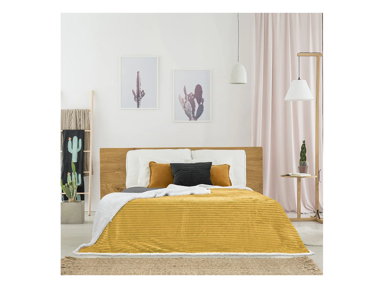 Plaid Flanelle Cotele Sherpa Moutarde 180x220cm Jaune