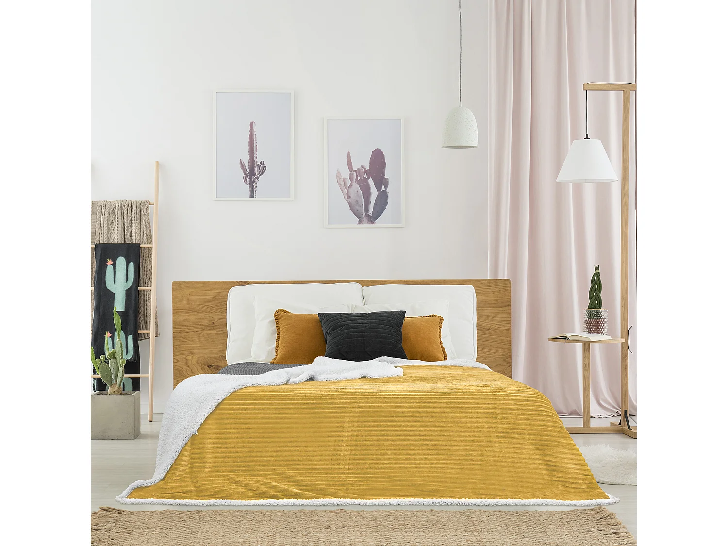 Plaid Flanelle Cotele Sherpa Moutarde 180x220cm Jaune