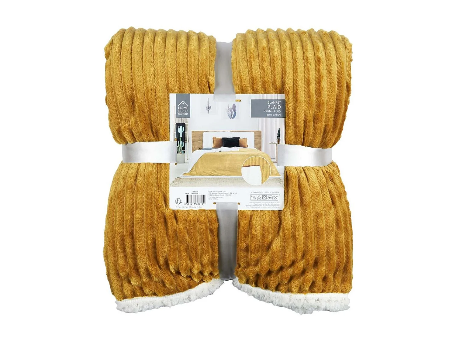Plaid Flanelle Cotele Sherpa Moutarde 180x220cm Jaune