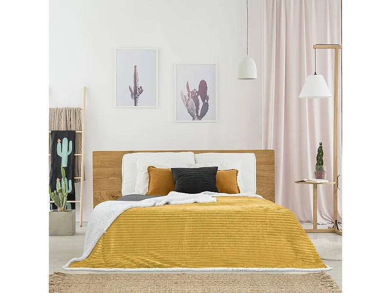 Plaid Flanelle Cotele Sherpa Moutarde 180x220cm Jaune
