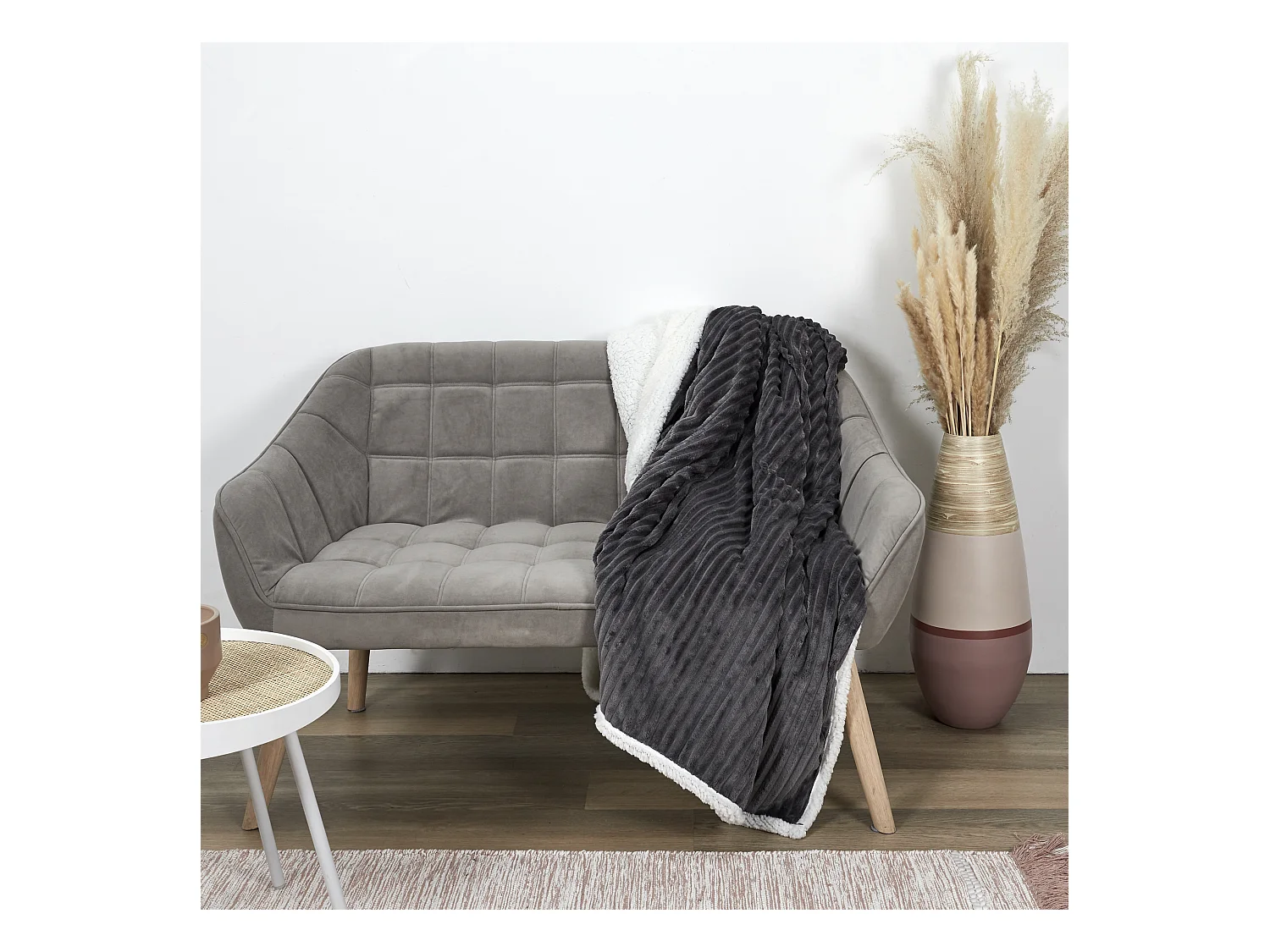 Plaid Flanelle Cotele Sherpa Gris 180x220cm Gris