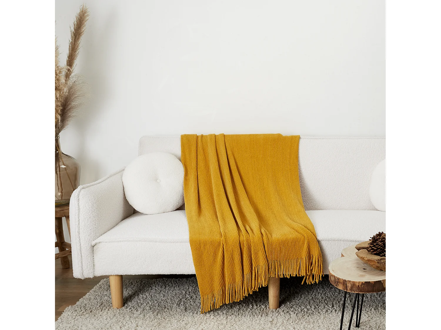 Plaid Chenille Frange Moutarde 120x150cm Jaune