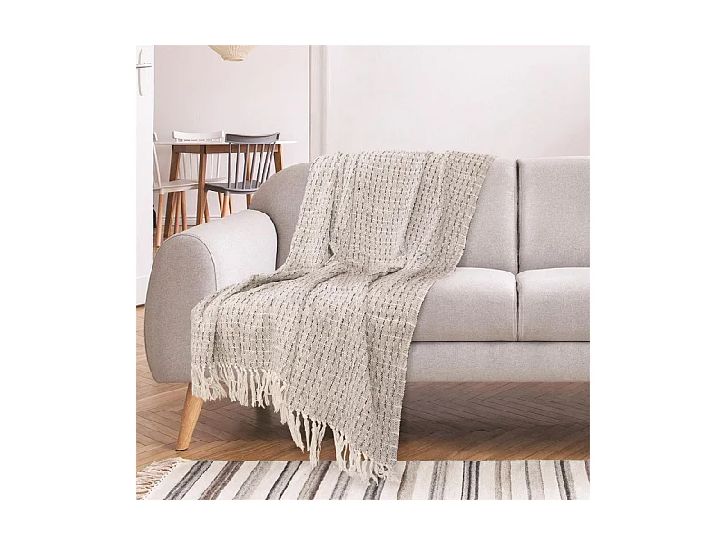 Plaid Ethnique à Franges "Pointillé" 120x150cm Écru