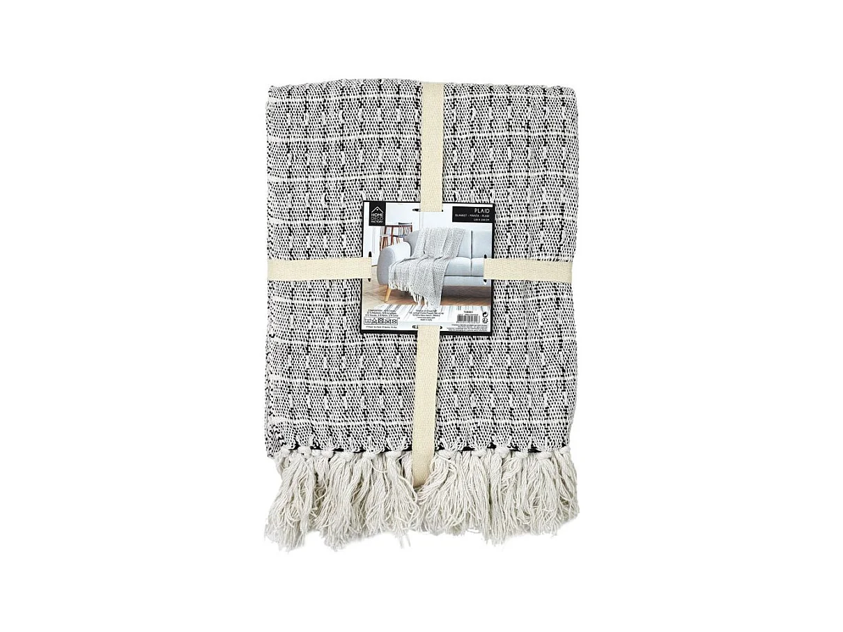 Plaid Ethnique à Franges "Pointillé" 120x150cm Écru