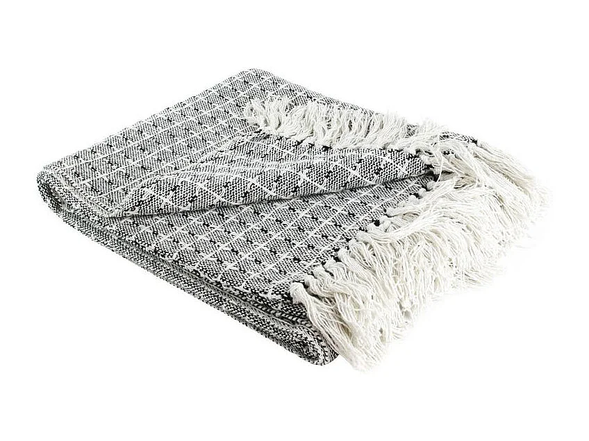 Plaid Ethnique à Franges "Pointillé" 120x150cm Écru