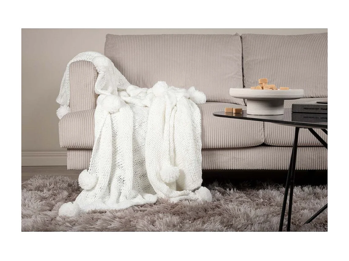 Plaid Avec Pompons "Anny" 130x170cm Blanc