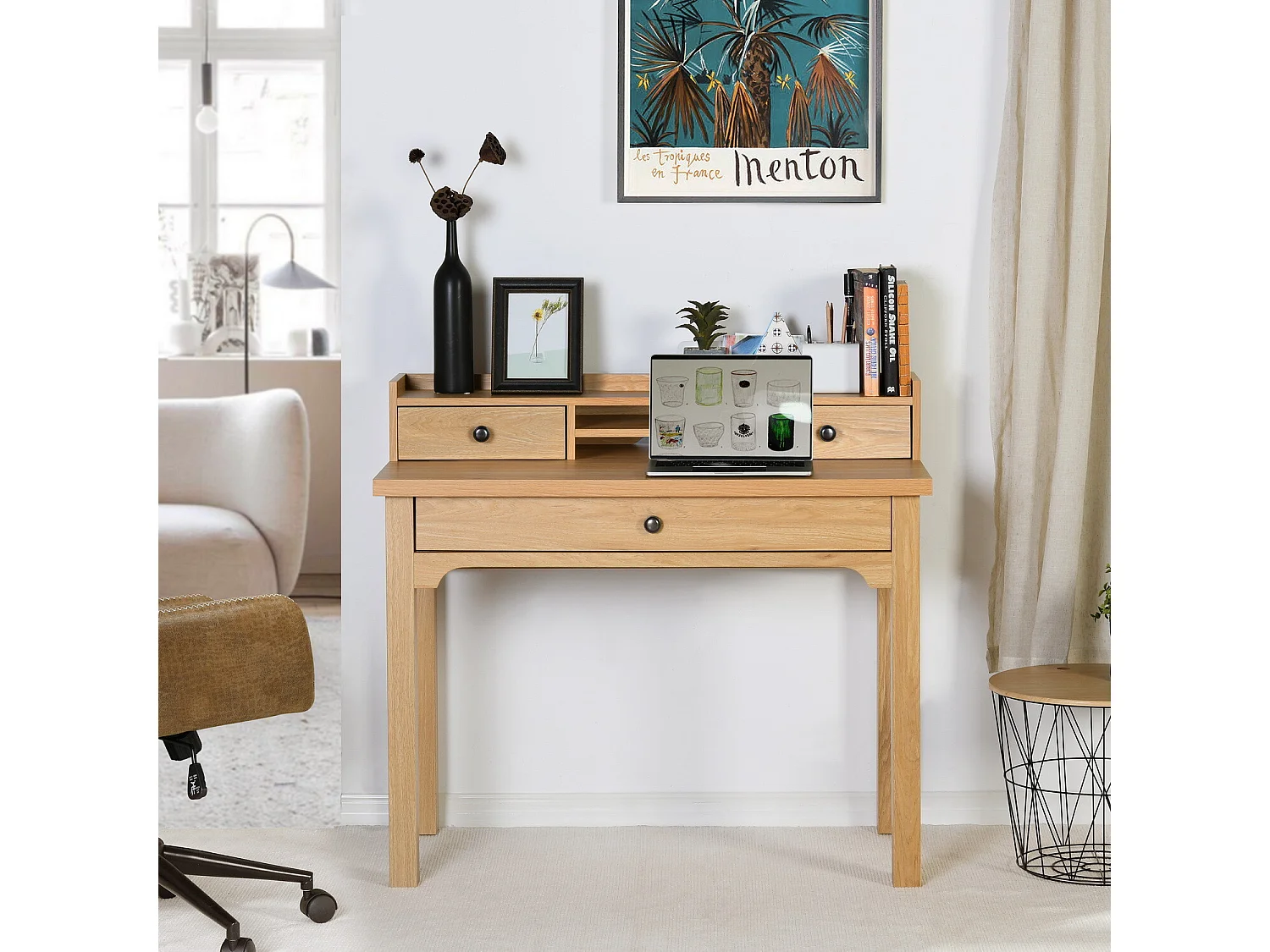 URBAN MEUBLE Escritorio escandinavo de madera natural con cajones y almacenaje con estructura de madera 100*50*75.5-90.5cm