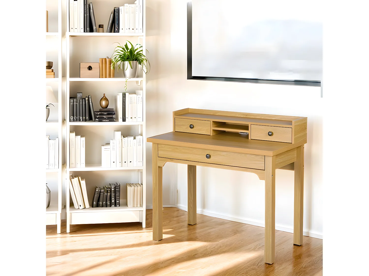 URBAN MEUBLE Escritorio escandinavo de madera natural con cajones y almacenaje con estructura de madera 100*50*75.5-90.5cm