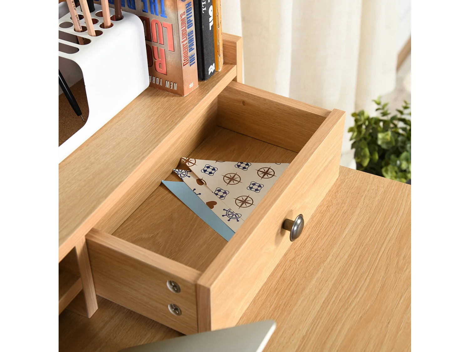 URBAN MEUBLE Escritorio escandinavo de madera natural con cajones y almacenaje con estructura de madera 100*50*75.5-90.5cm