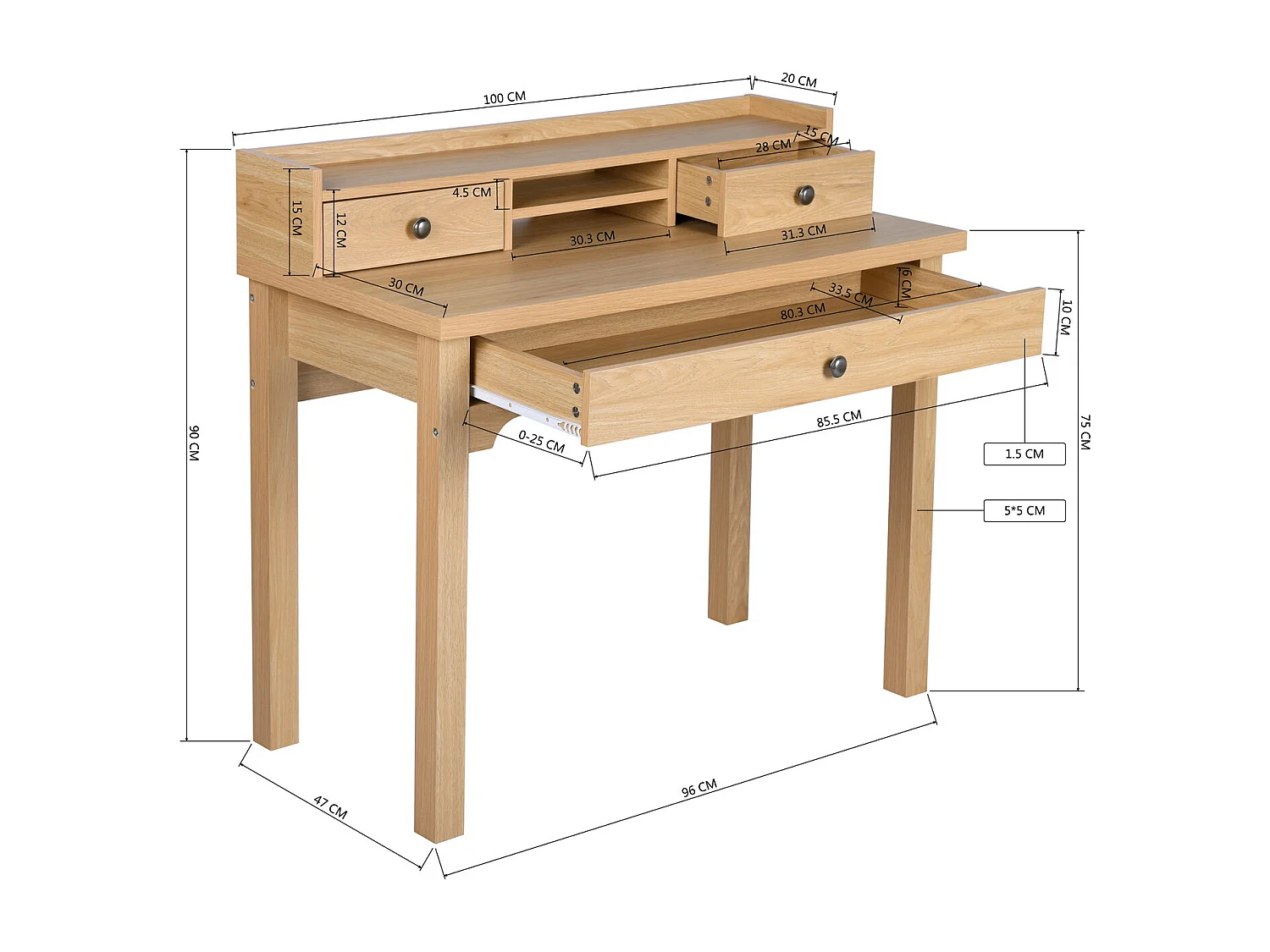 URBAN MEUBLE Escritorio escandinavo de madera natural con cajones y almacenaje con estructura de madera 100*50*75.5-90.5cm
