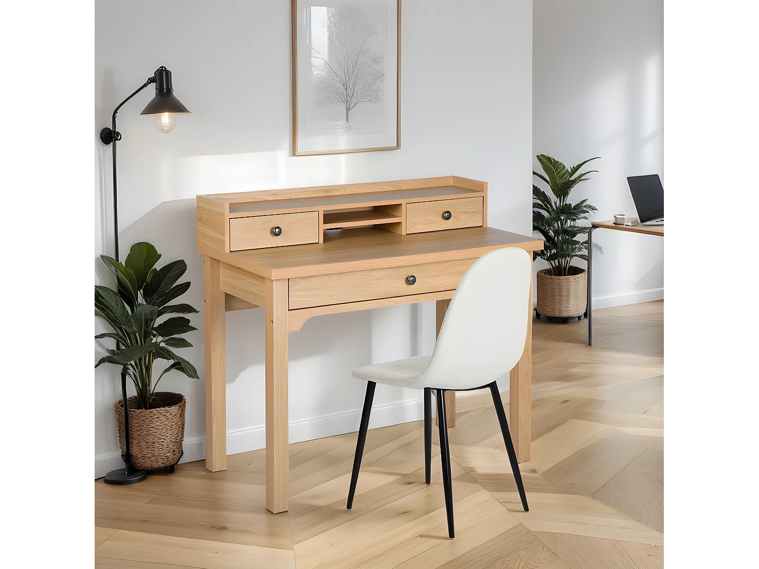 URBAN MEUBLE Escritorio escandinavo de madera natural con cajones y almacenaje con estructura de madera 100*50*75.5-90.5cm