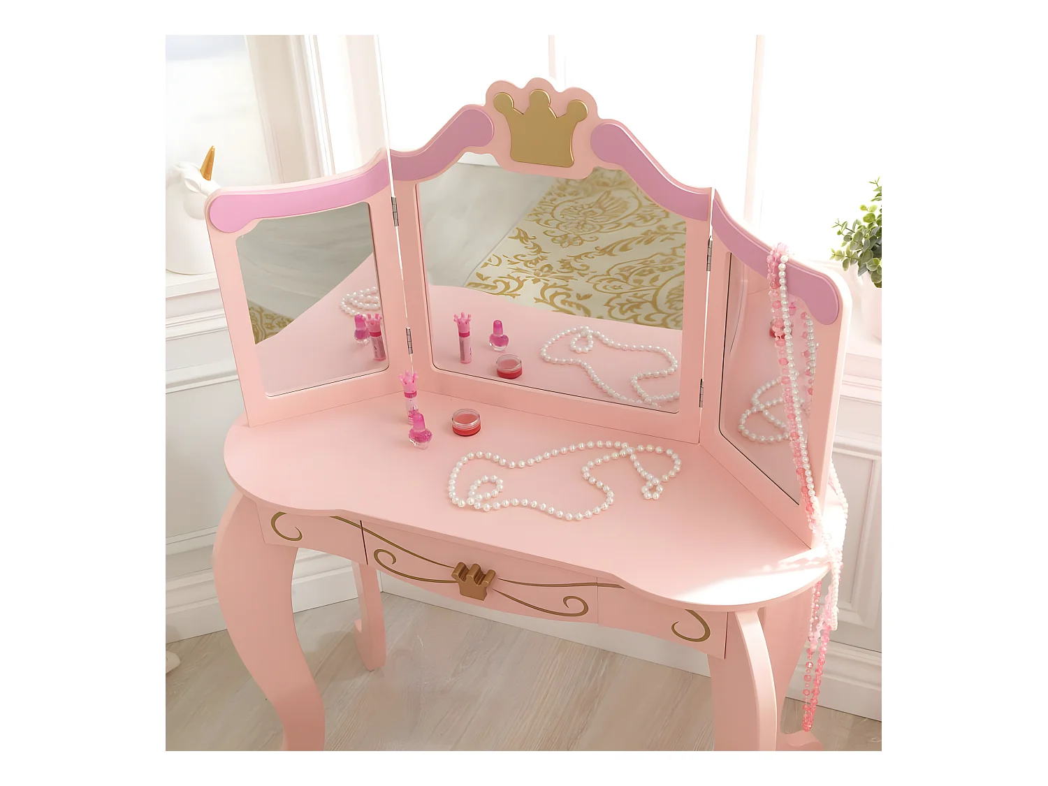 Tocador de madera de princesa y taburete rosa para niños