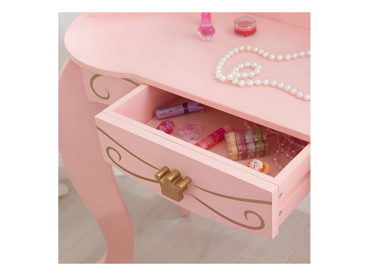 Tocador de madera de princesa y taburete rosa para niños