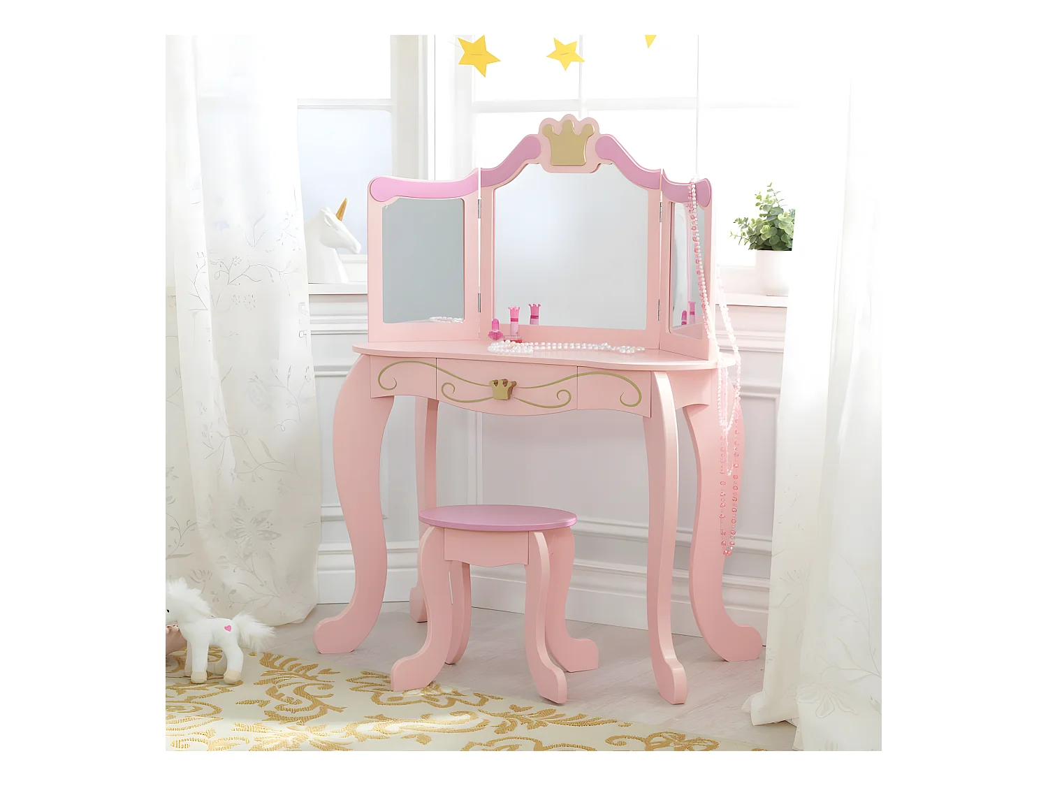 Tocador de madera de princesa y taburete rosa para niños