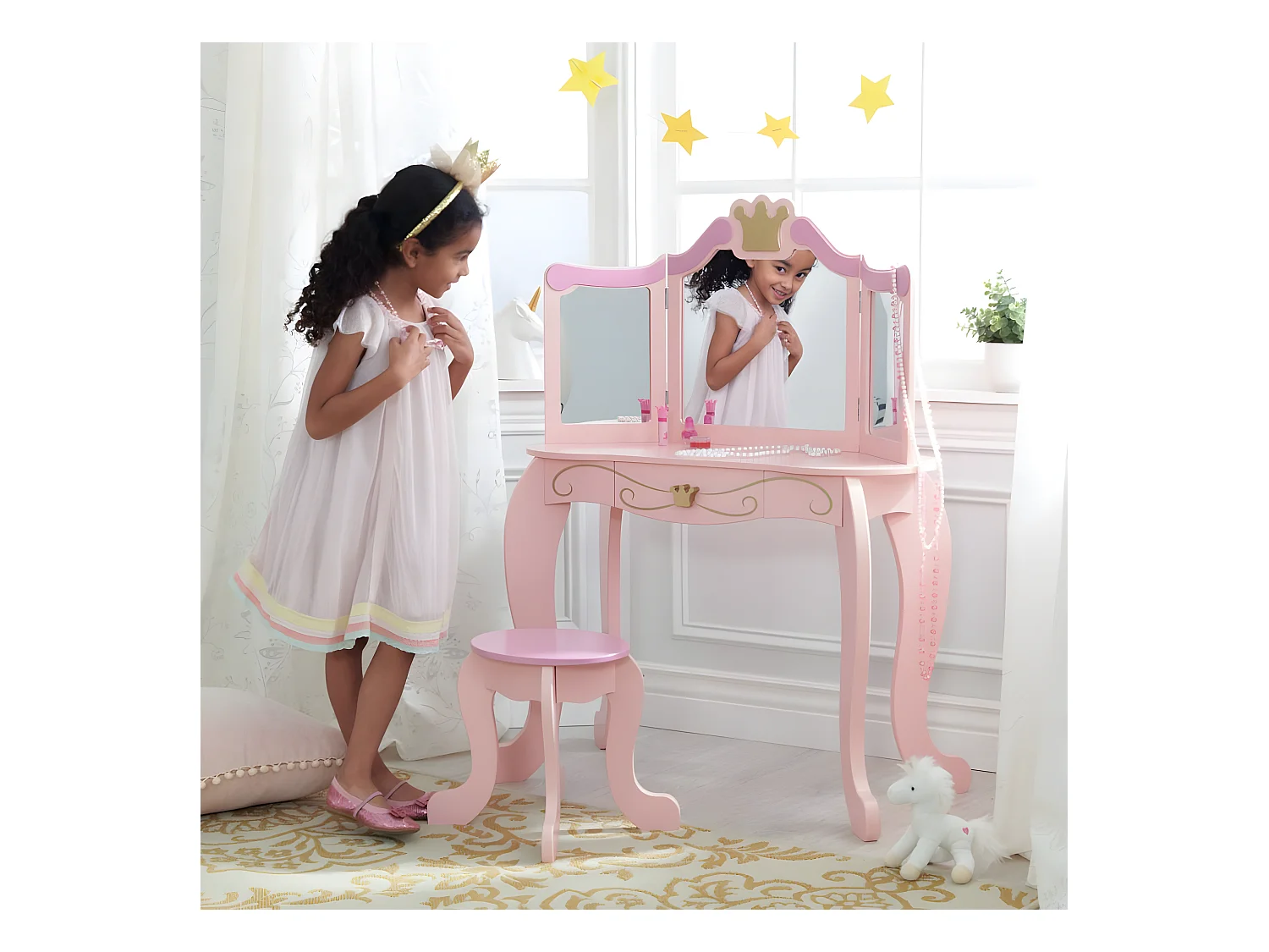 Tocador de madera de princesa y taburete rosa para niños