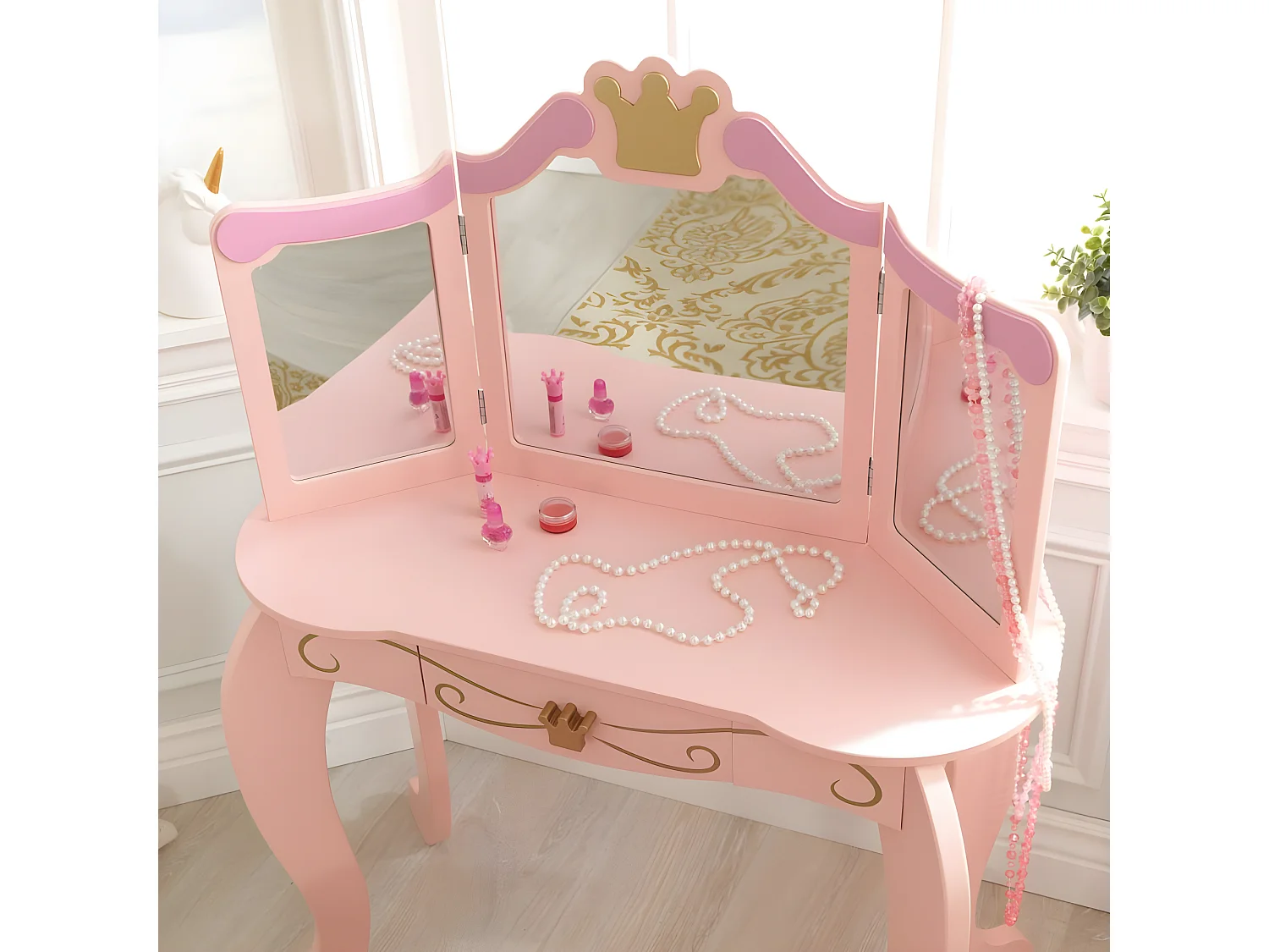 Tocador de madera de princesa y taburete rosa para niños