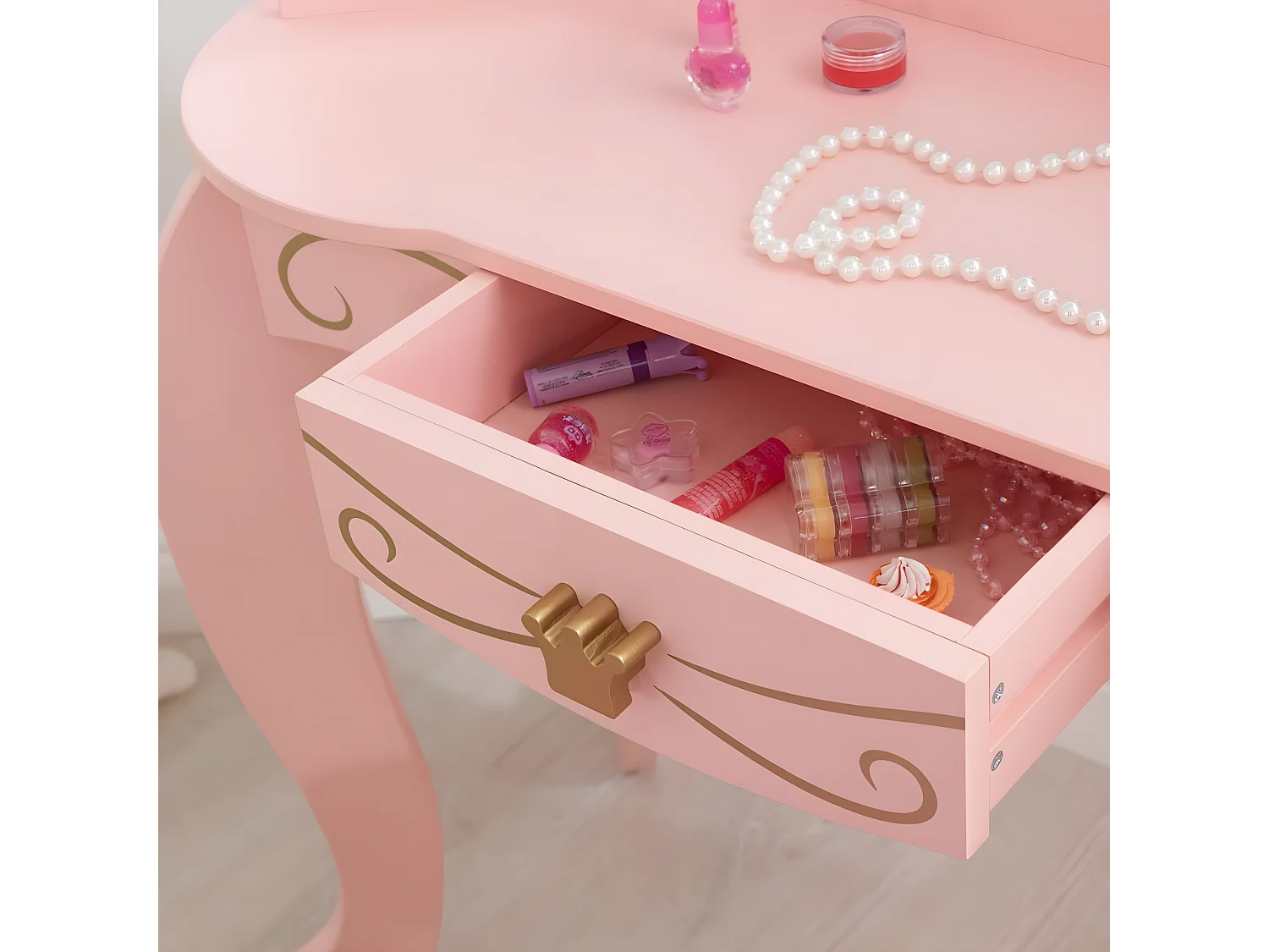 Tocador de madera de princesa y taburete rosa para niños