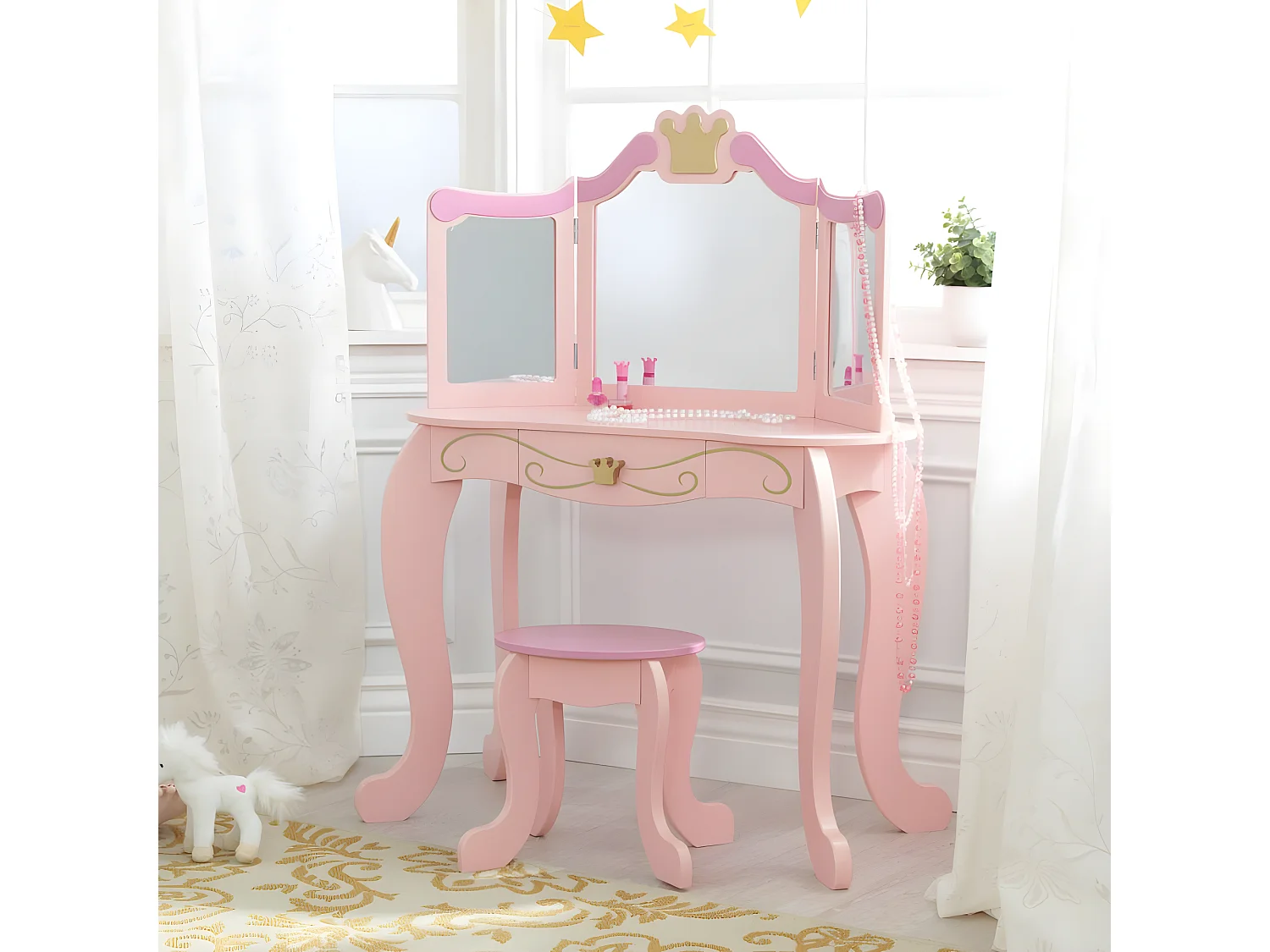 Tocador de madera de princesa y taburete rosa para niños