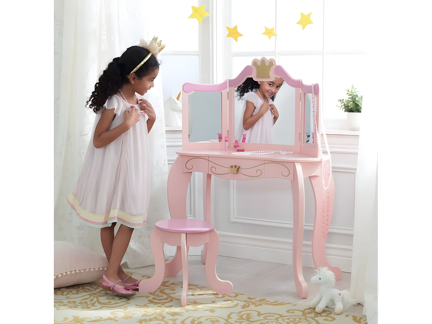 Tocador de madera de princesa y taburete rosa para niños