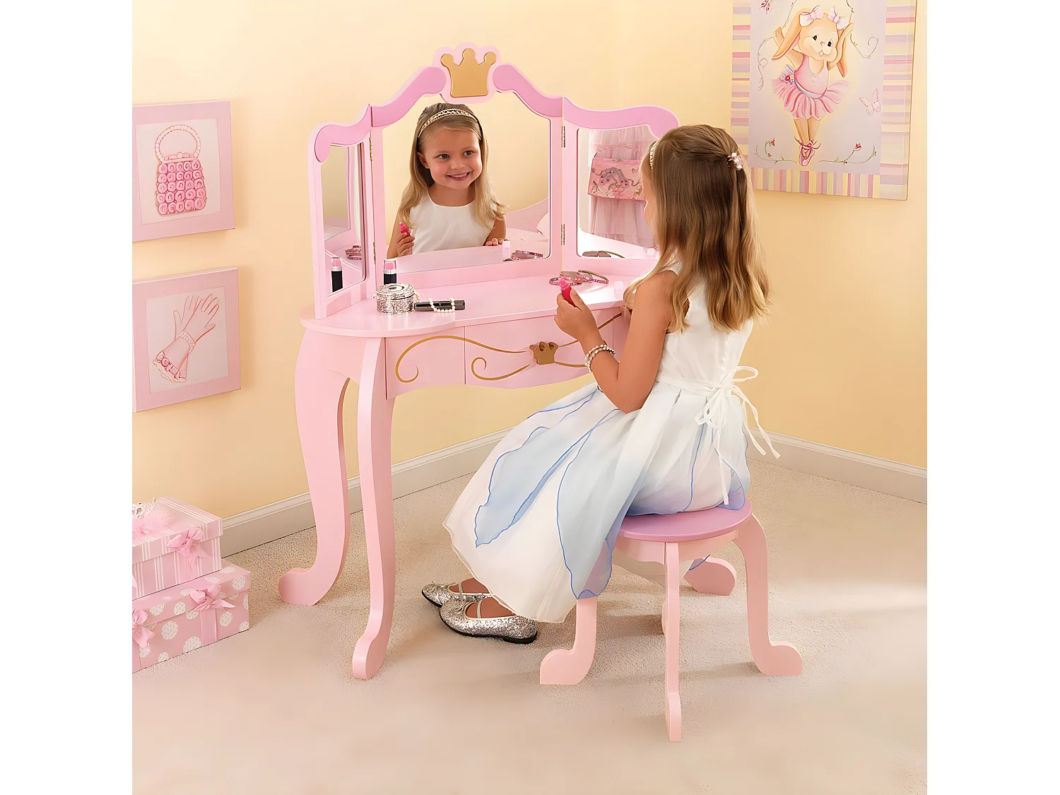Tocador de madera de princesa y taburete rosa para niños