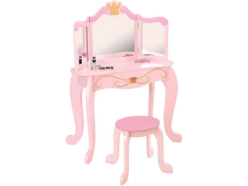 Tocador de madera de princesa y taburete rosa para niños