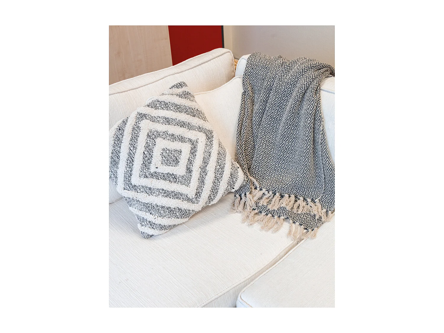 Coussin en coton écru et beige Losanges