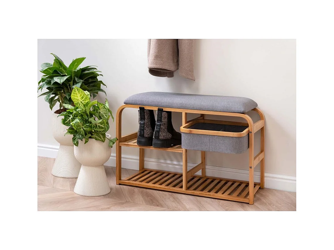 Bambusbank mit Regalen und Aufbewahrungskorb Dure