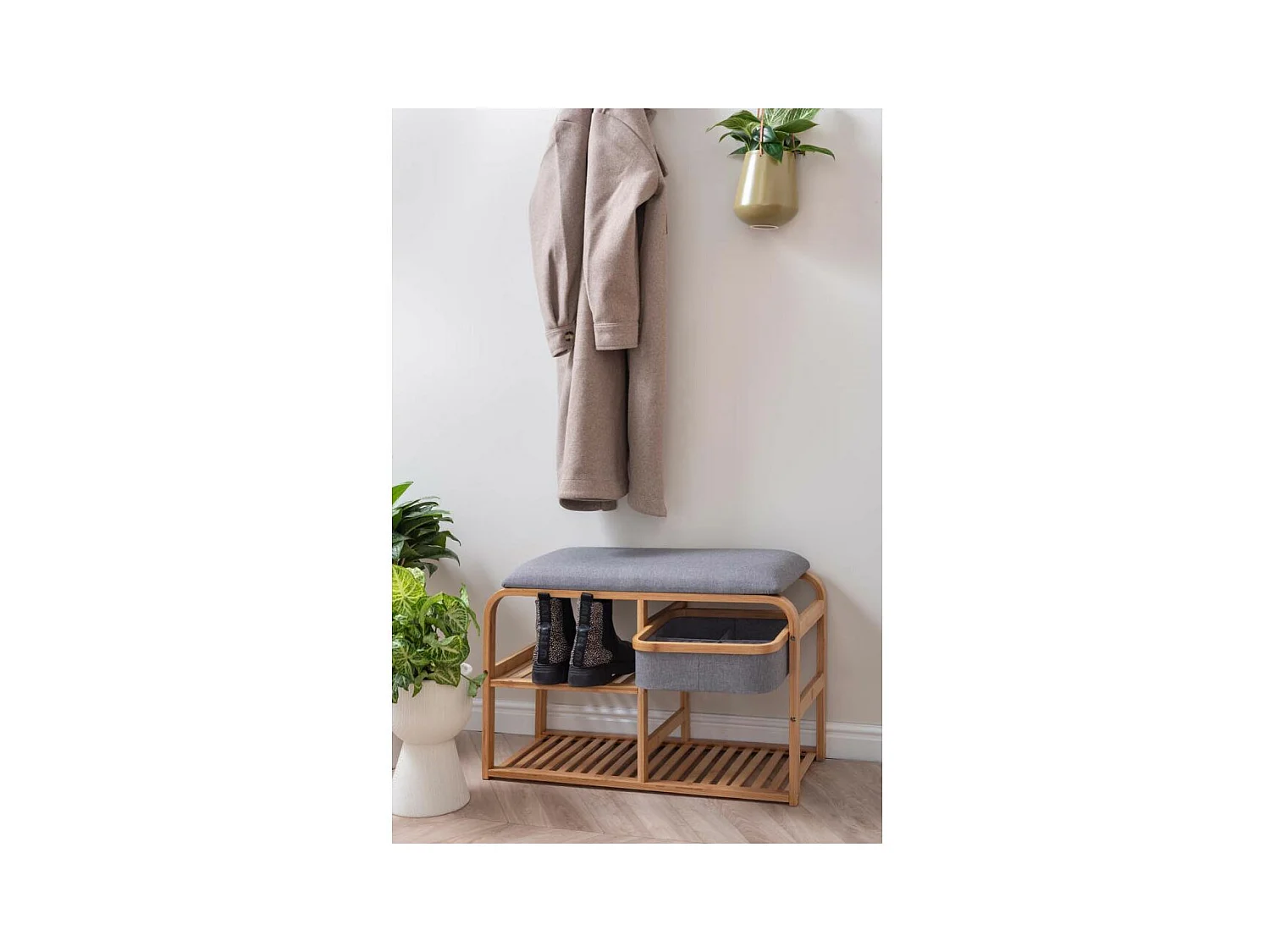 Bambusbank mit Regalen und Aufbewahrungskorb Dure