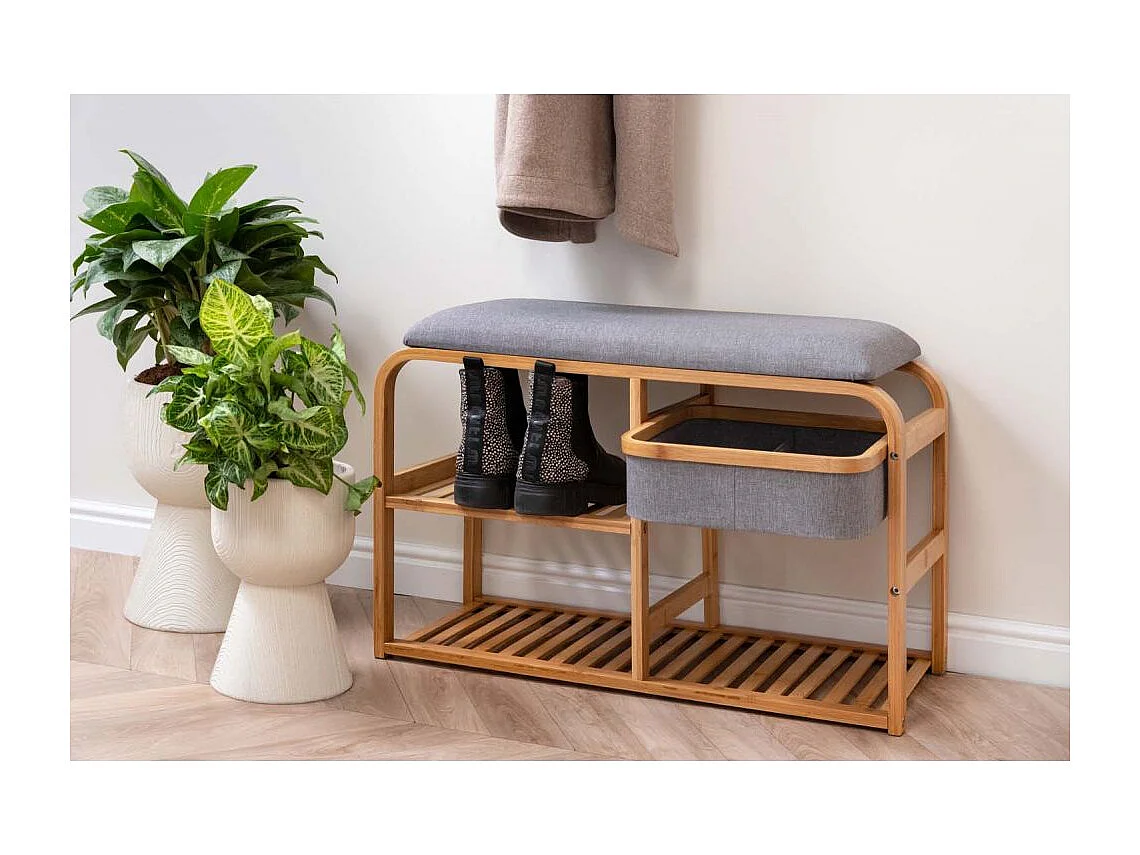 Bambusbank mit Regalen und Aufbewahrungskorb Dure