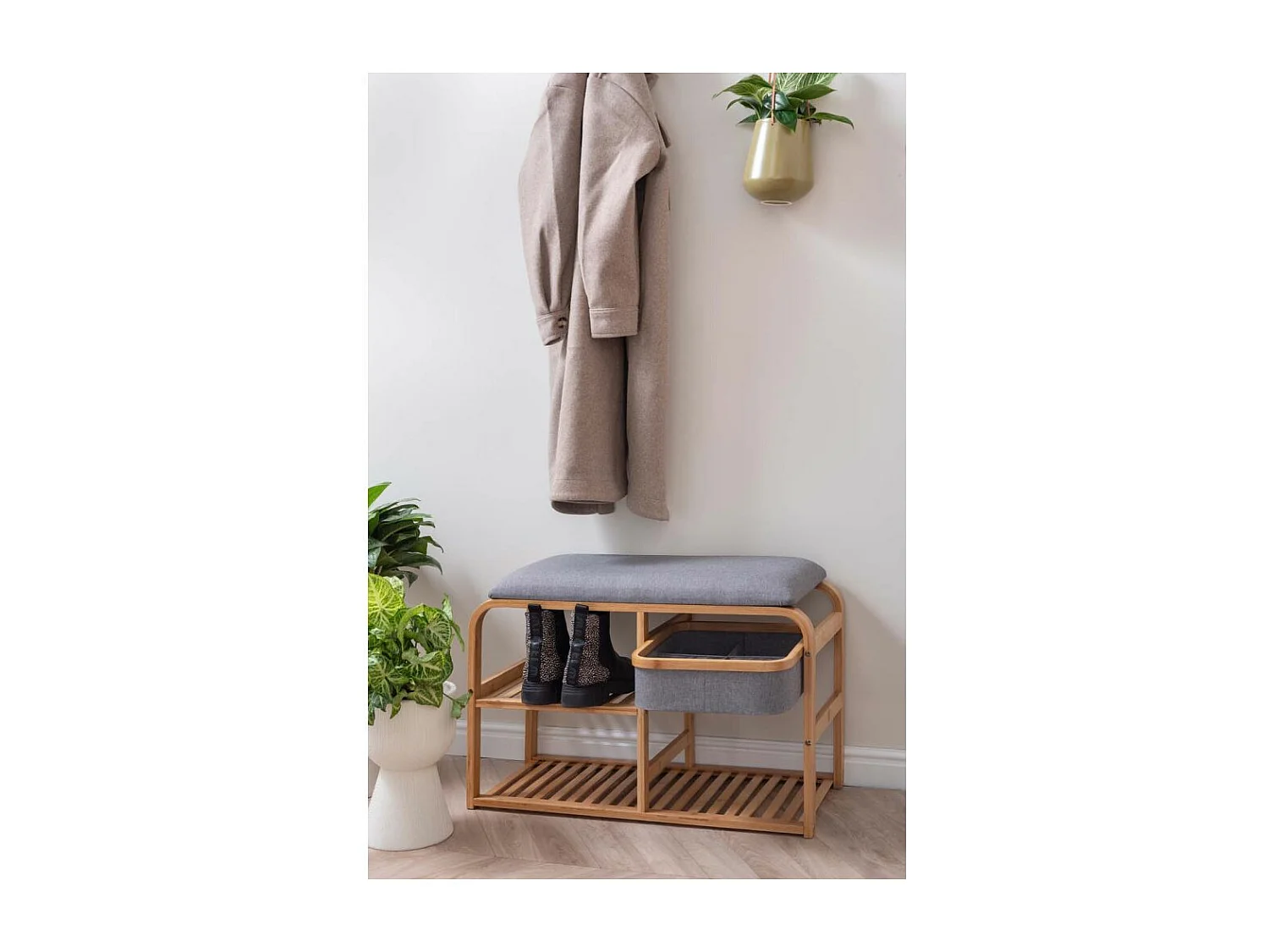 Bambusbank mit Regalen und Aufbewahrungskorb Dure