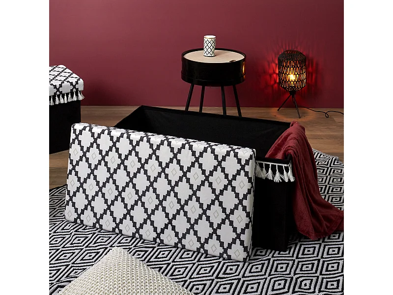 Coffre Banc Pliable Avec Pampille Mirage Noir, Blanc