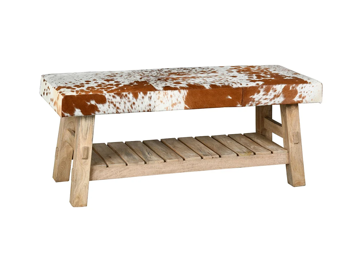 Banc avec étagère en bois recyclé et peau de vache