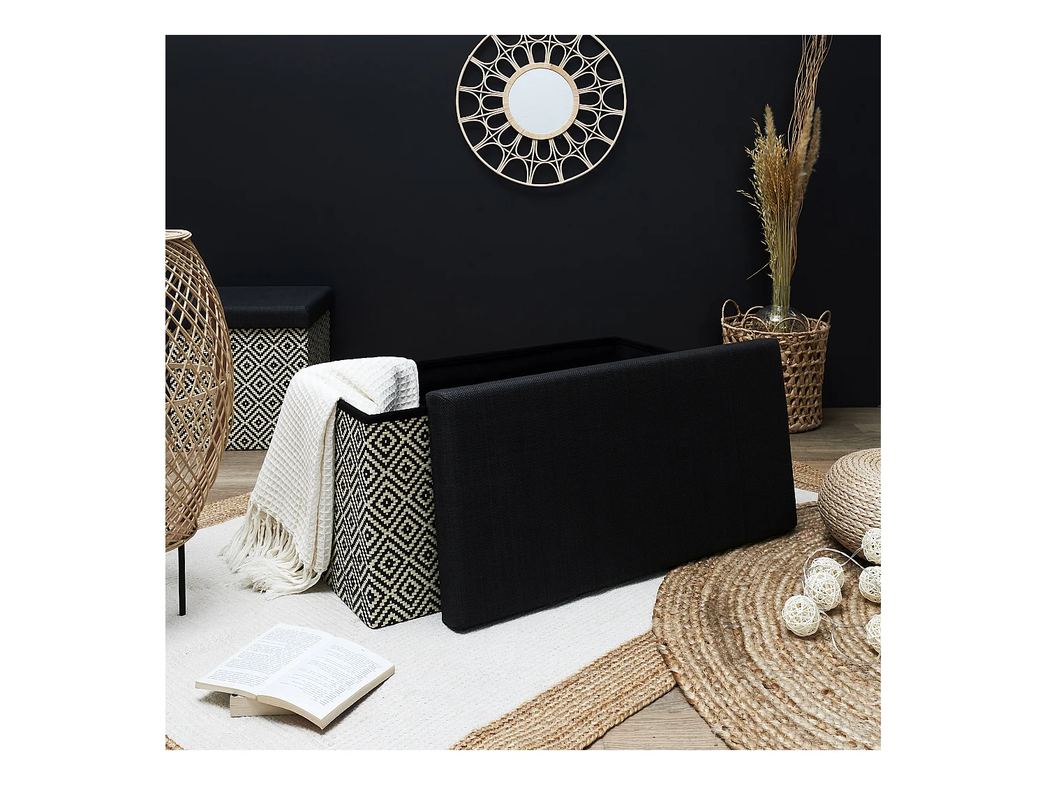 Coffre Banc Pliable Tresse Noir Noir