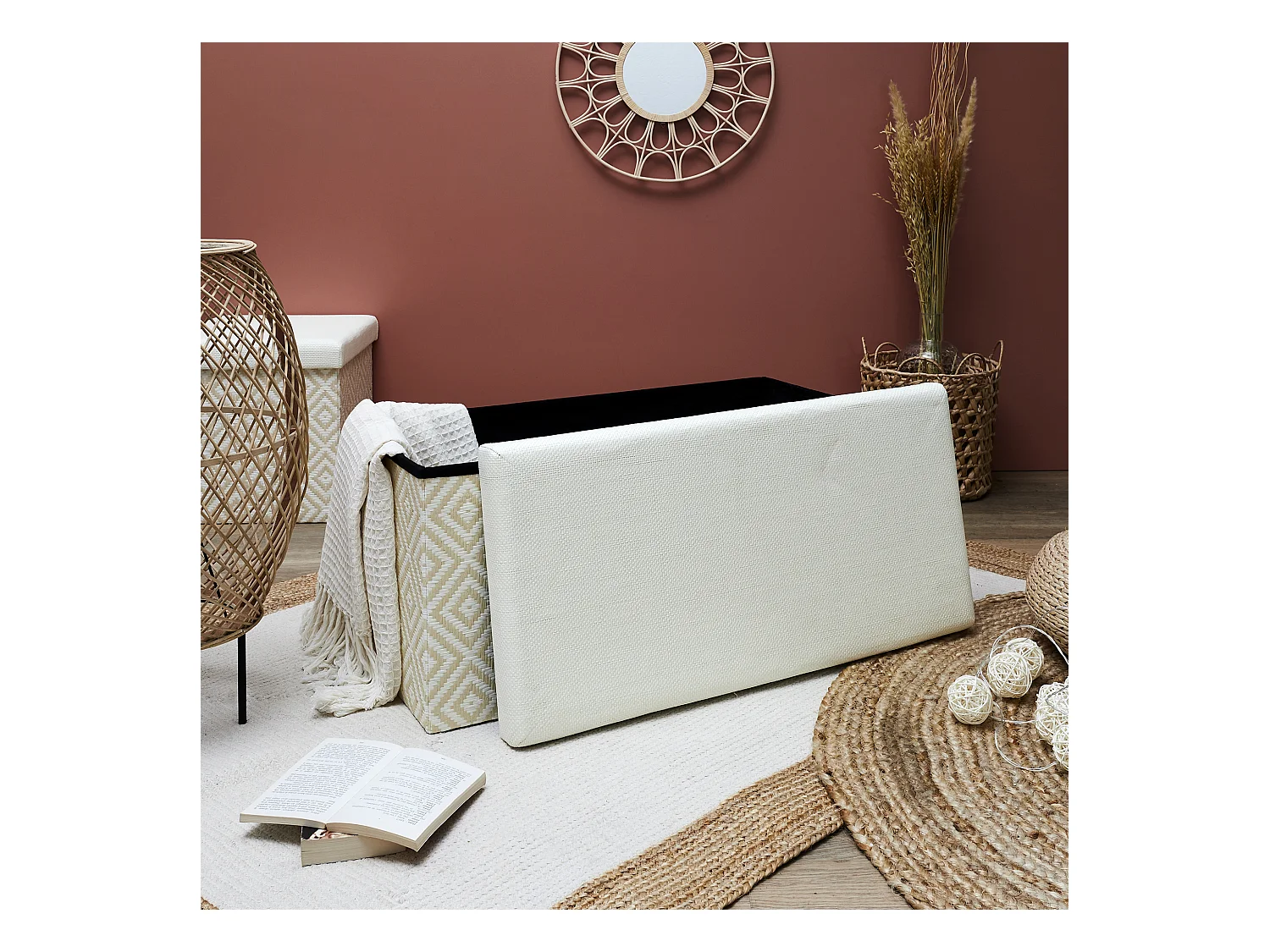 Coffre Banc Pliable Tresse Blanc Blanc, Marron