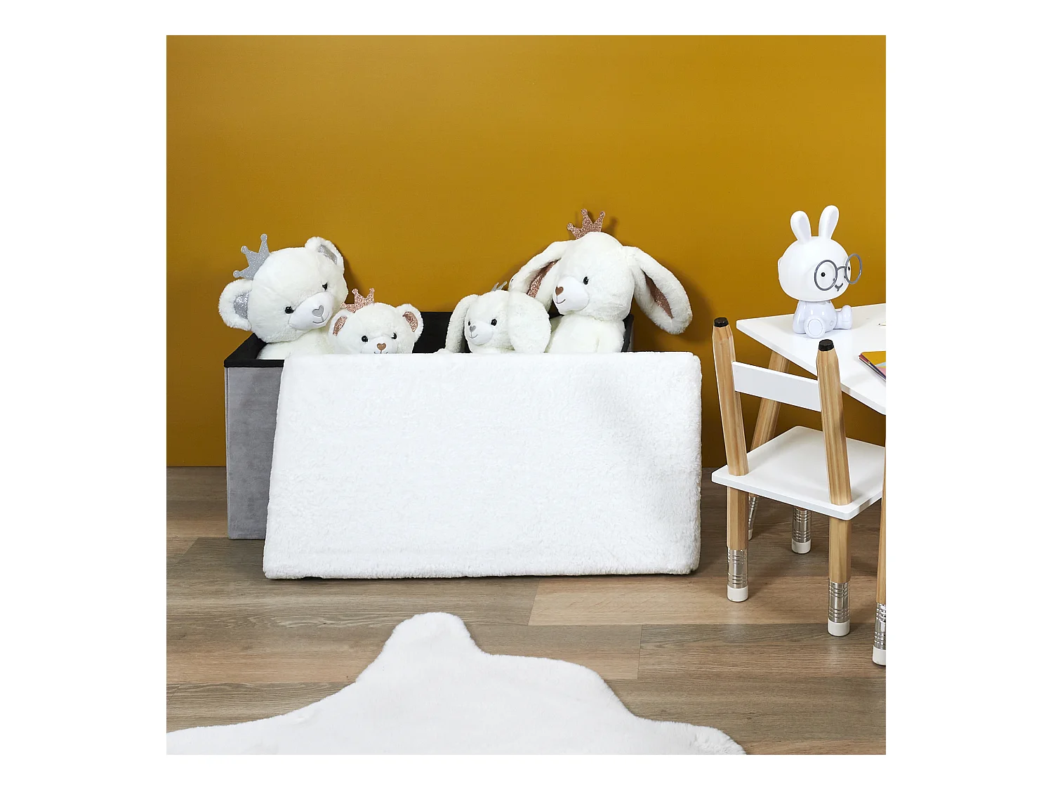 Coffre Banc Pliable Gris Imitation Fourrure Leo Gris, Blanc