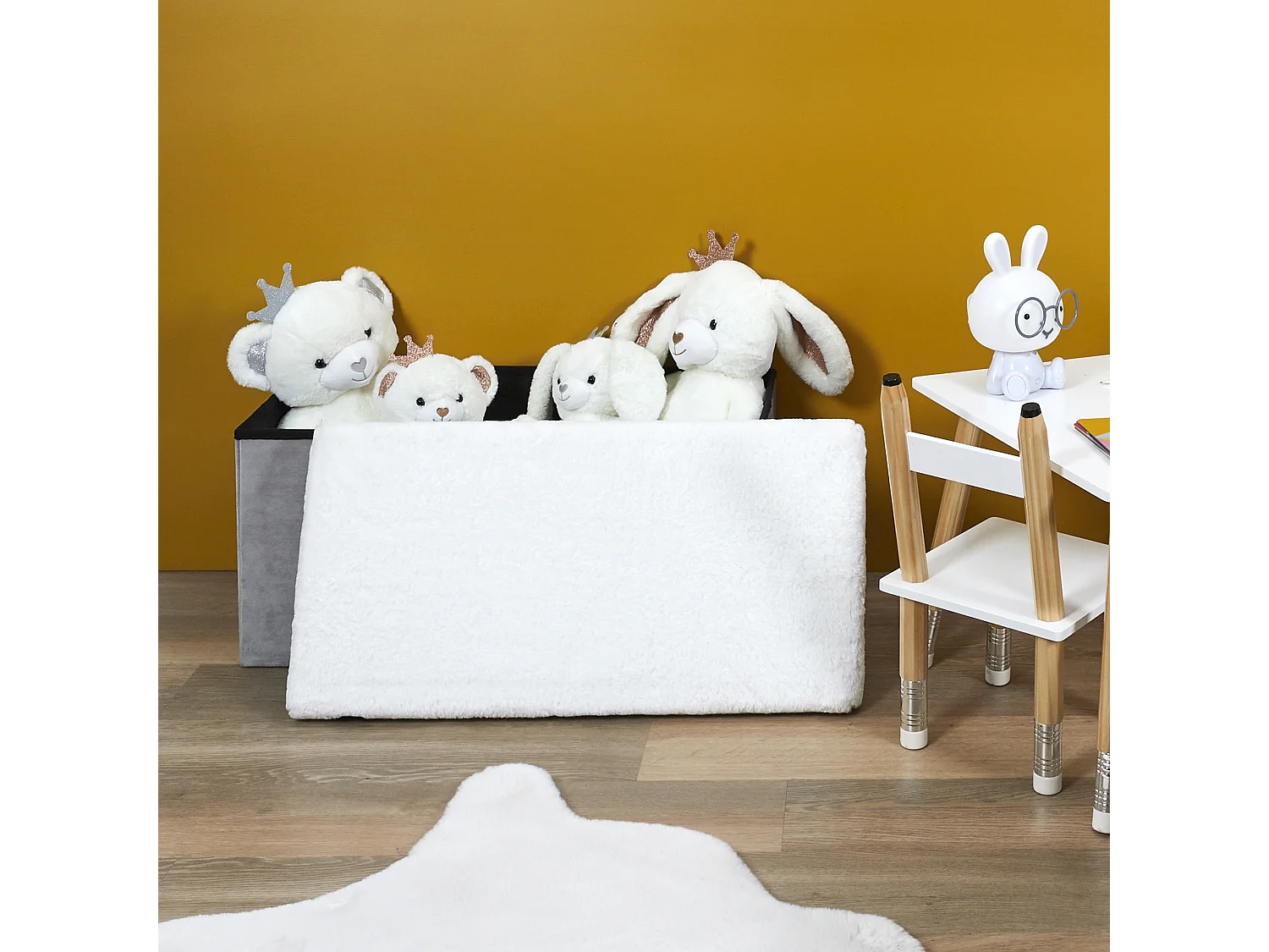 Coffre Banc Pliable Gris Imitation Fourrure Leo Gris, Blanc