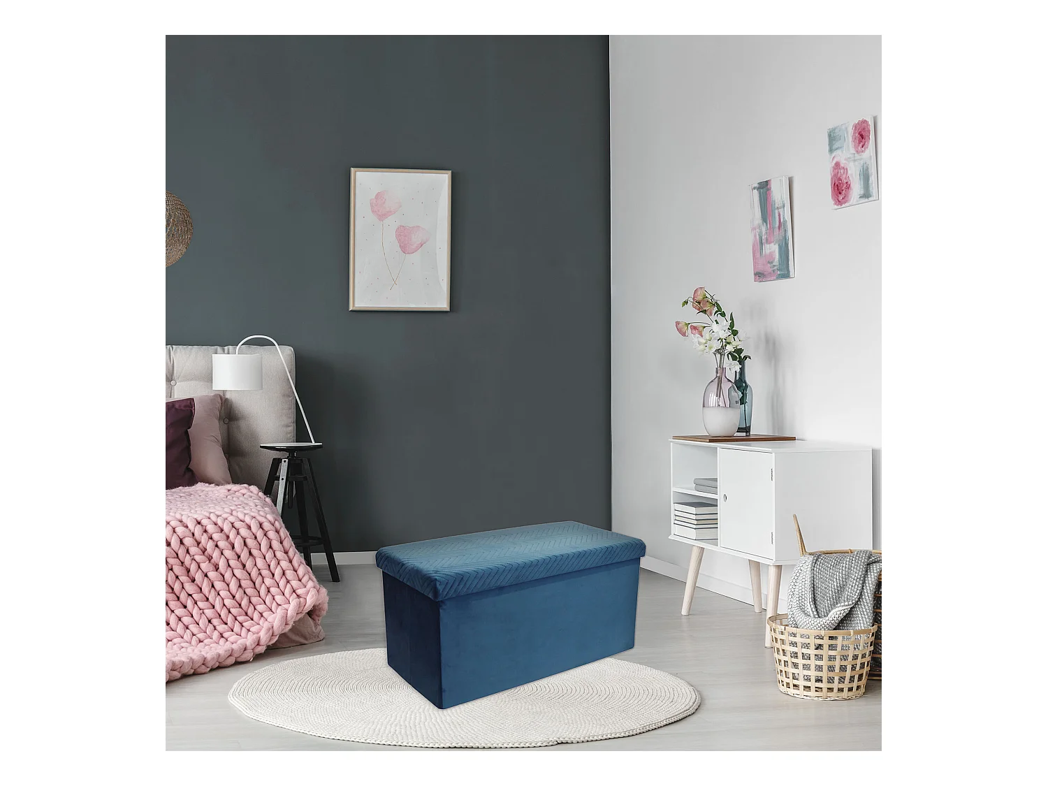 Coffre Banc Pliable Velours A Motif Bleu Bleu