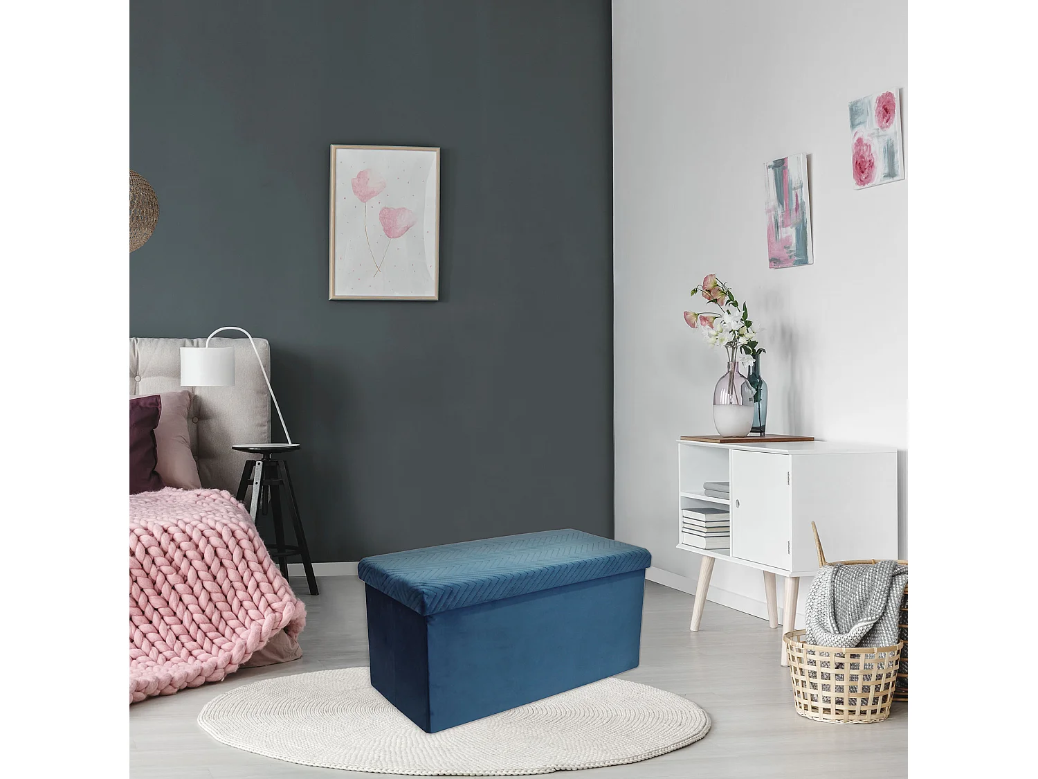 Coffre Banc Pliable Velours A Motif Bleu Bleu